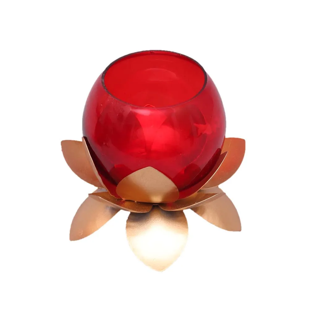 Red Glass On Golden Lotus Tea Light Candle Holders Set of 2