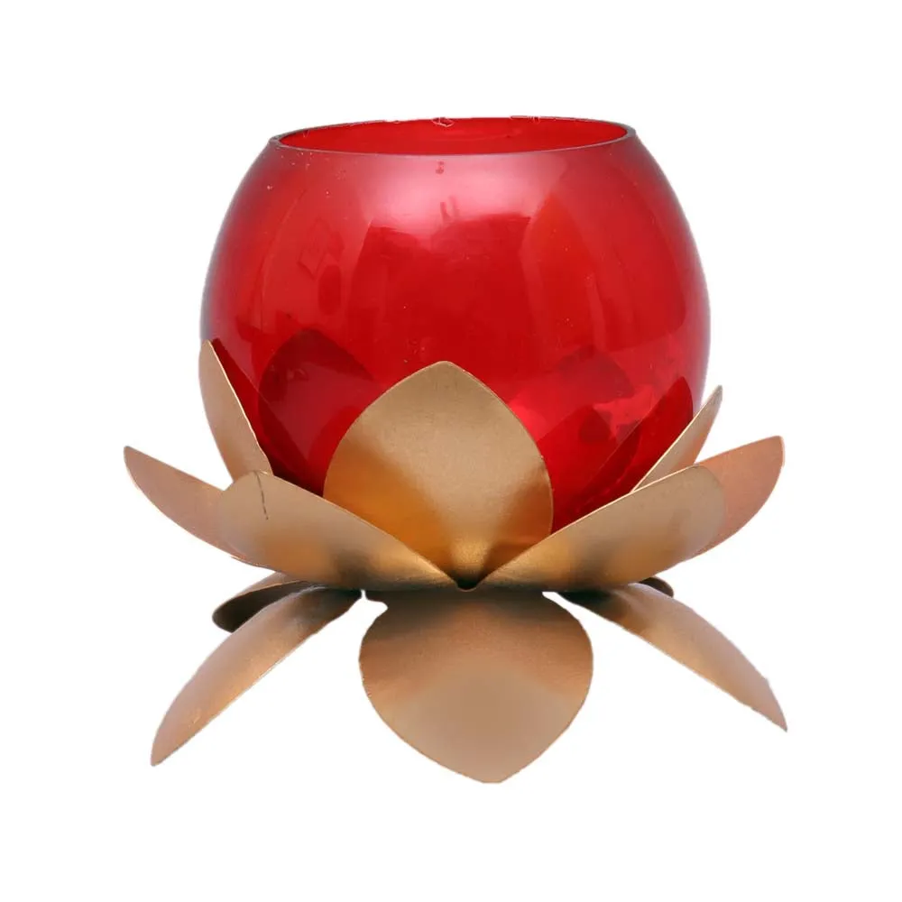 Red Glass On Golden Lotus Tea Light Candle Holders Set of 2