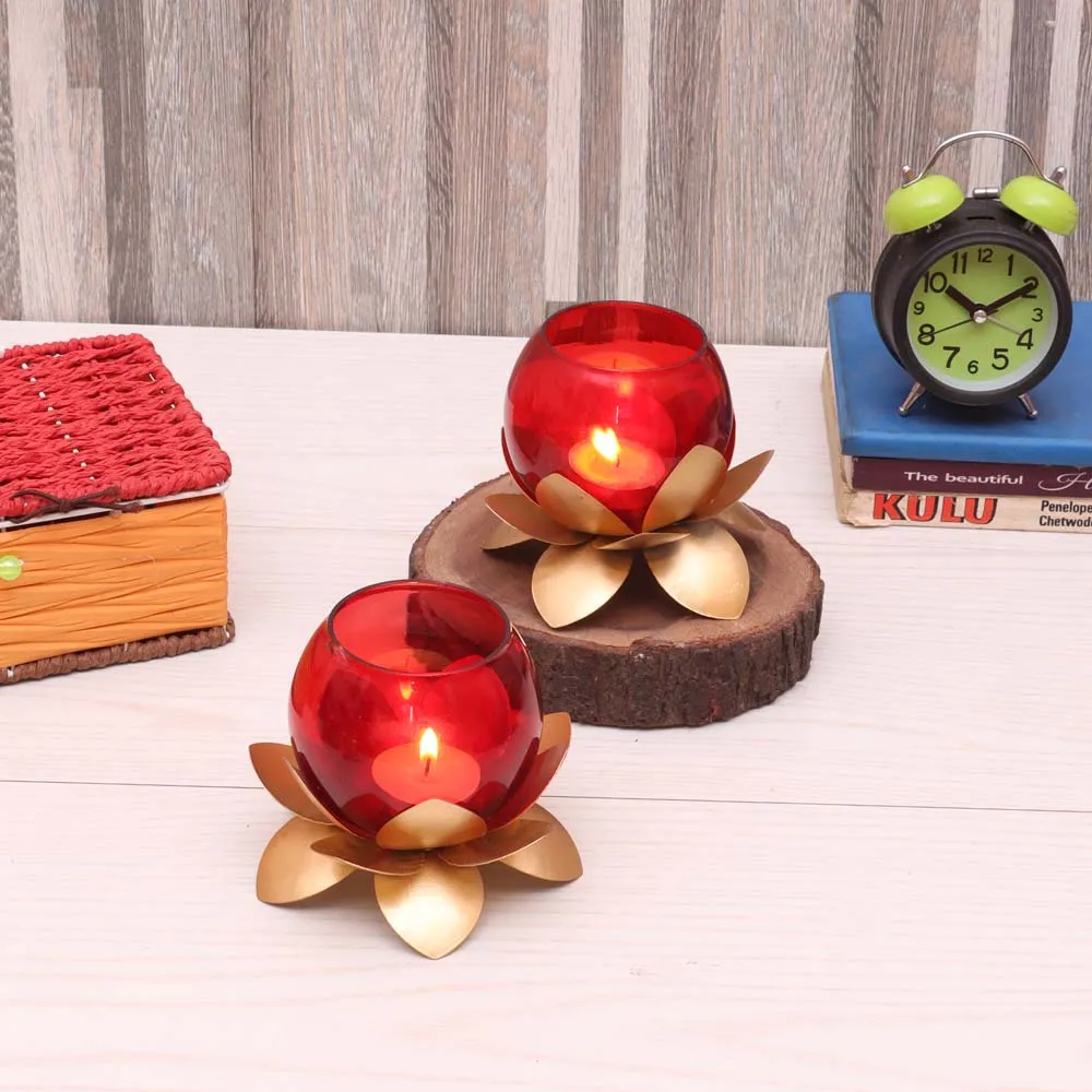 Red Glass On Golden Lotus Tea Light Candle Holders Set of 2