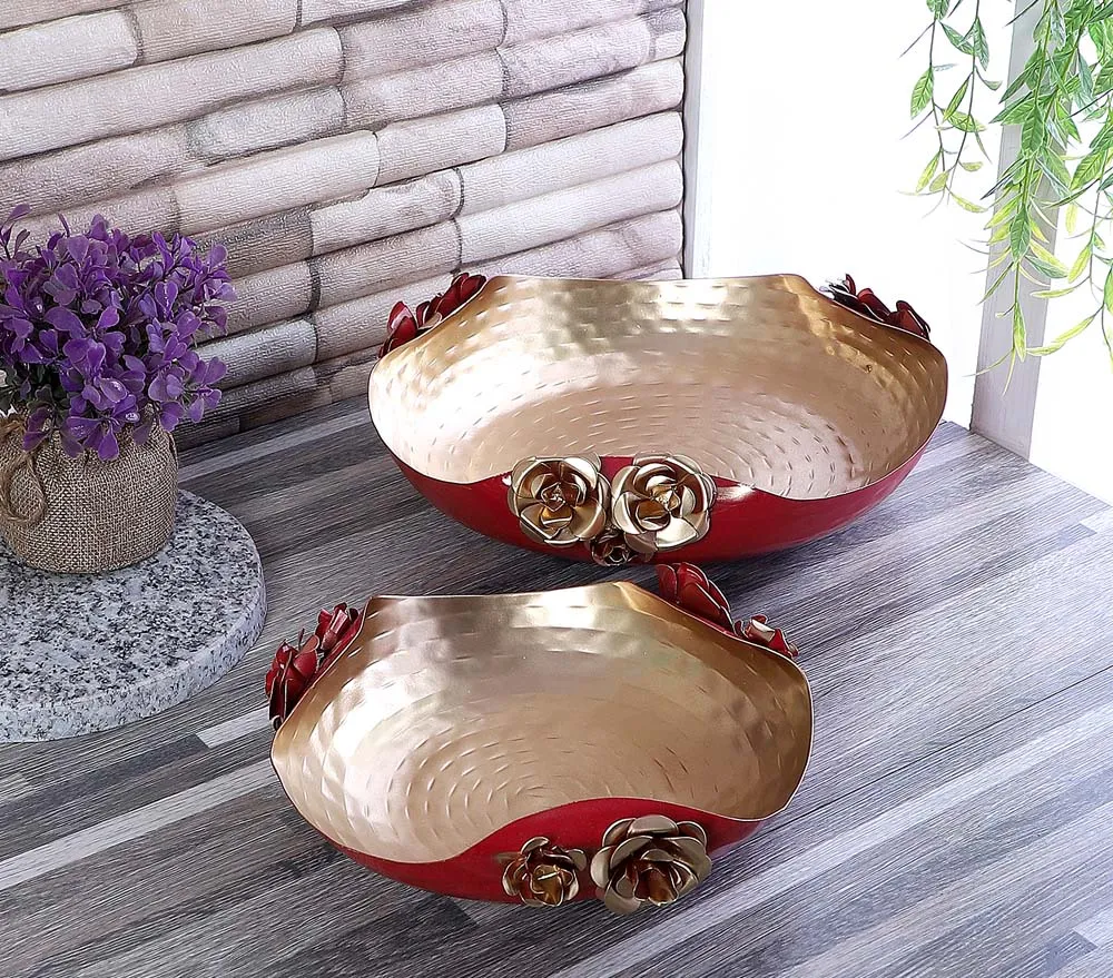 Red & Gold Hammered Rose Urli Set of 2