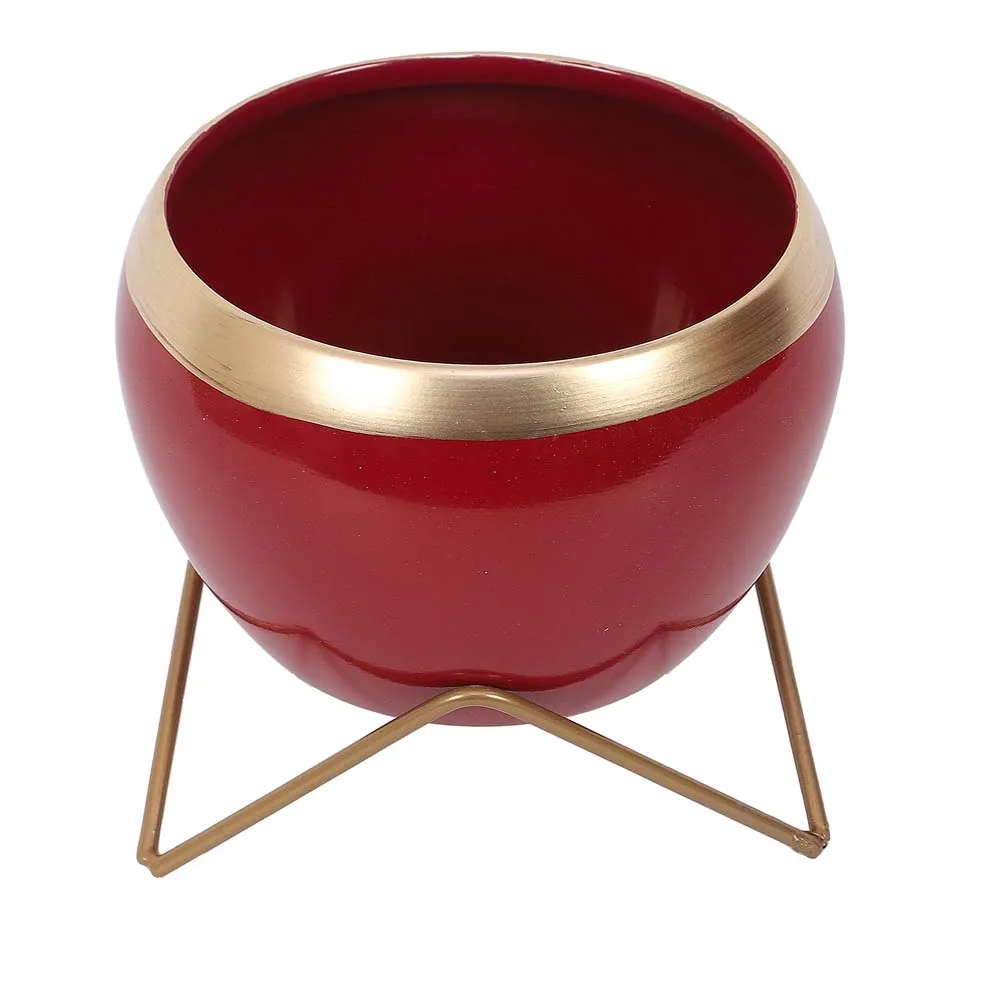 Red & Golden Bordered Metal Planter With Stand Set Of 2