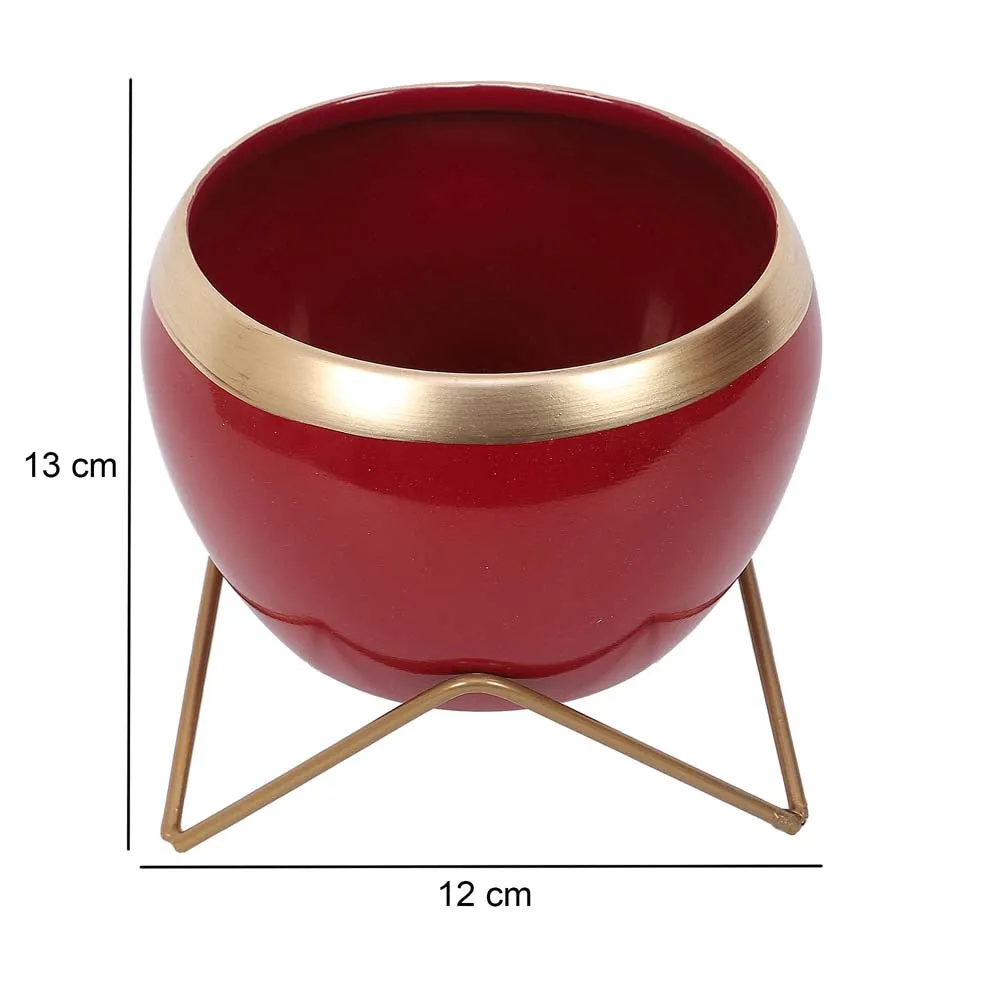 Red & Golden Bordered Metal Planter With Stand Set Of 2