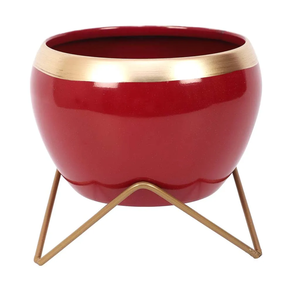 Red & Golden Bordered Metal Planter With Stand Set Of 2