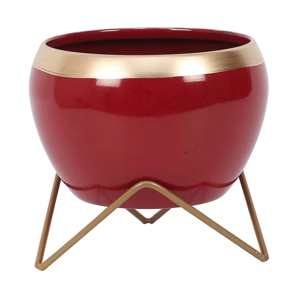 Red & Golden Bordered Metal Planter With Stand Set Of 2