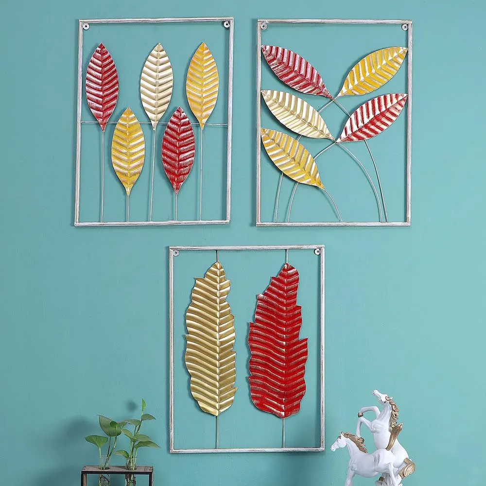 Red & Golden Crafted Leaves Decorative Metal Wall Art Set Of 3