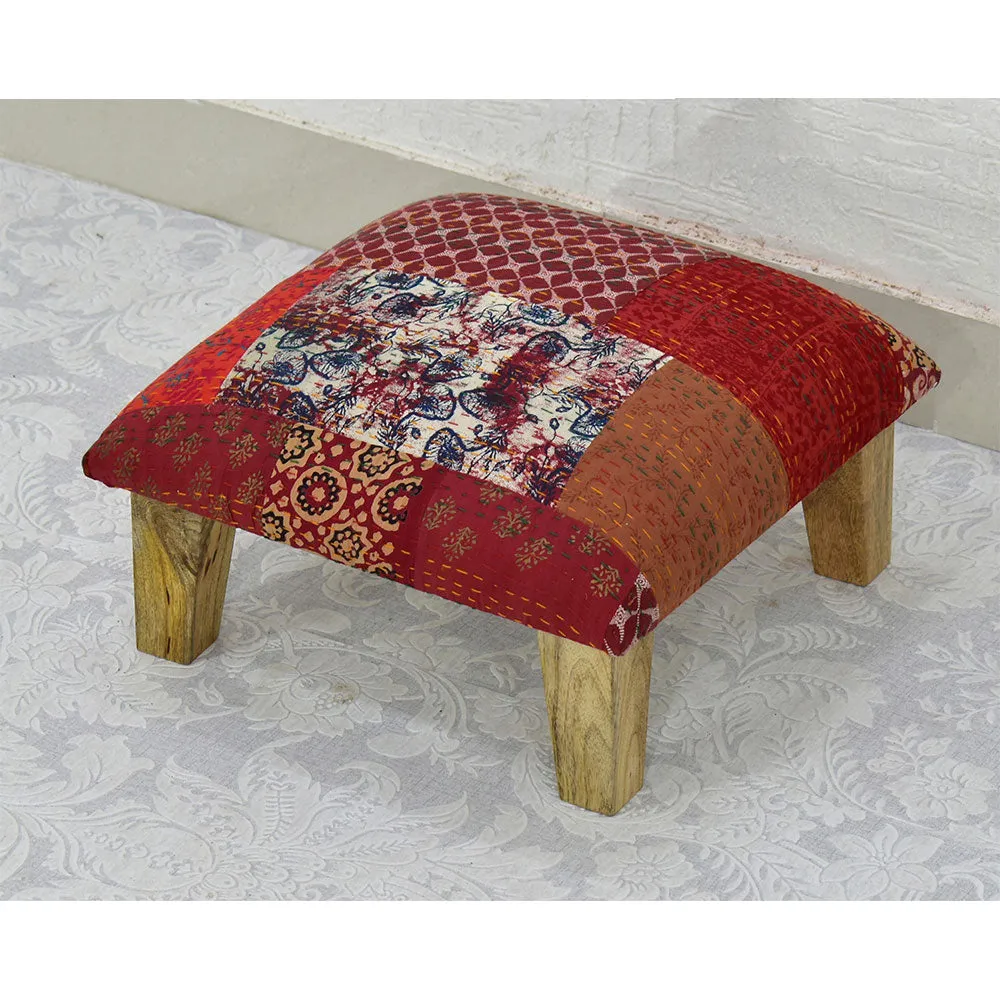 Red Kantha Gudri Patchwork Multipurpose Stool / Square Pouffe / Ottoman Single Piece