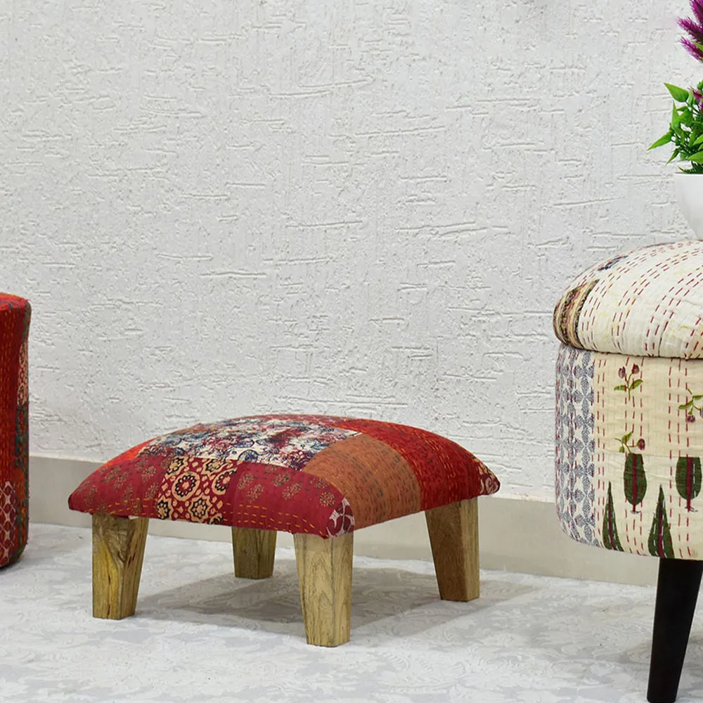 Red Kantha Gudri Patchwork Multipurpose Stool / Square Pouffe / Ottoman Single Piece
