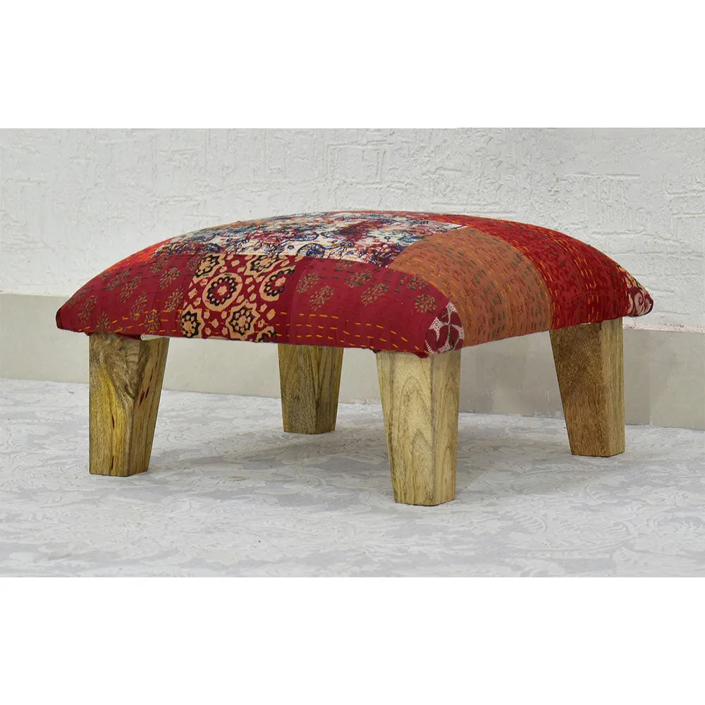 Red Kantha Gudri Patchwork Multipurpose Stool / Square Pouffe / Ottoman Single Piece