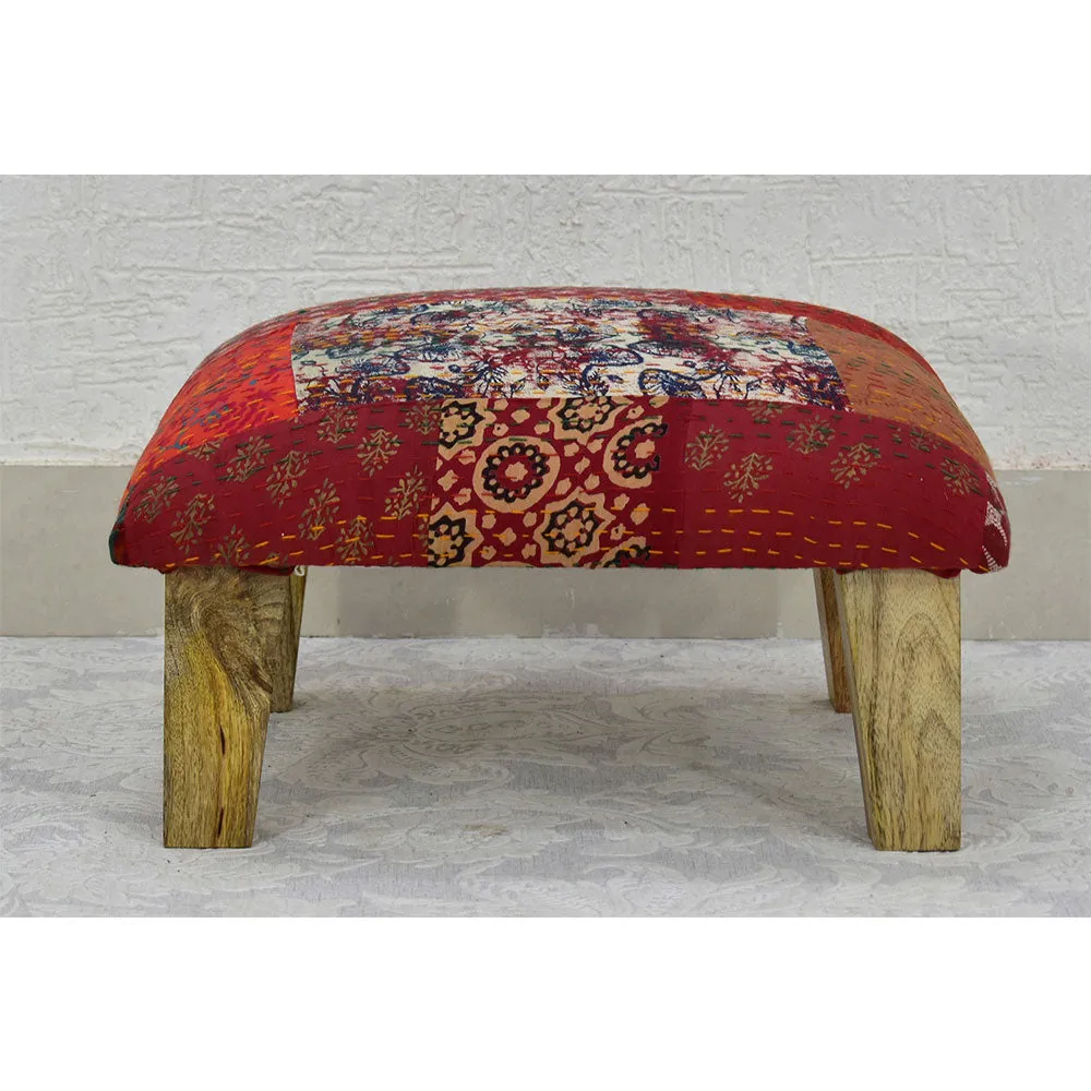 Red Kantha Gudri Patchwork Multipurpose Stool / Square Pouffe / Ottoman Single Piece