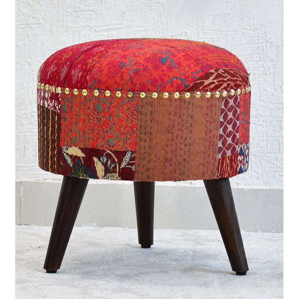 Red Kantha Gudri Patchwork Three Legged Stool / Pouffe / Ottoman Single Piece