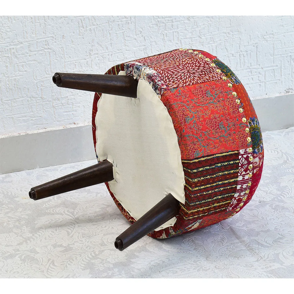 Red Kantha Gudri Patchwork Three Legged Stool / Pouffe / Ottoman Single Piece