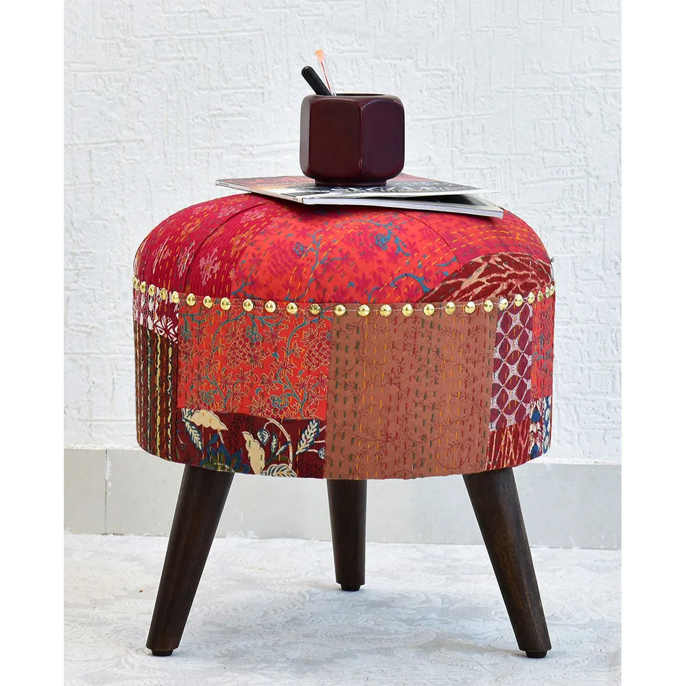 Red Kantha Gudri Patchwork Three Legged Stool / Pouffe / Ottoman Single Piece