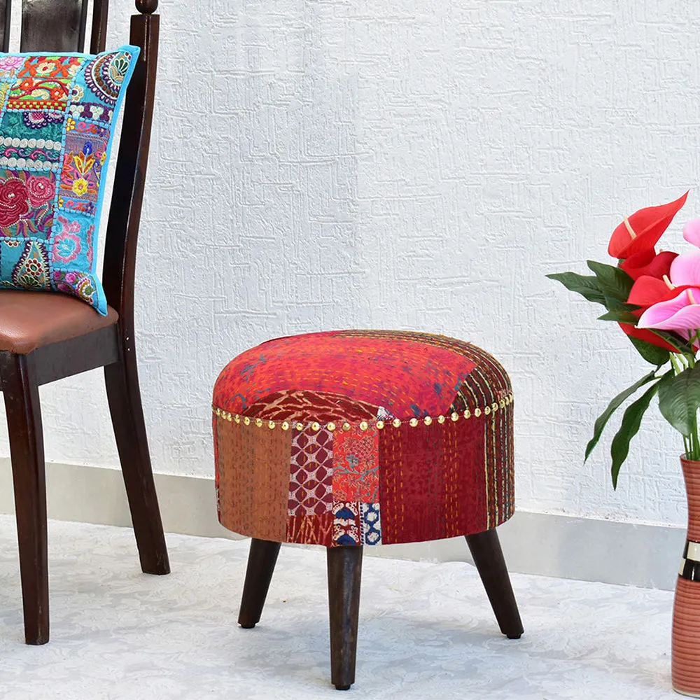Red Kantha Gudri Patchwork Three Legged Stool / Pouffe / Ottoman Single Piece