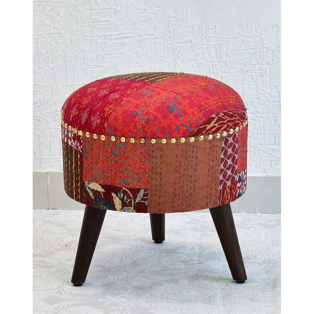 Red Kantha Gudri Patchwork Three Legged Stool / Pouffe / Ottoman Single Piece