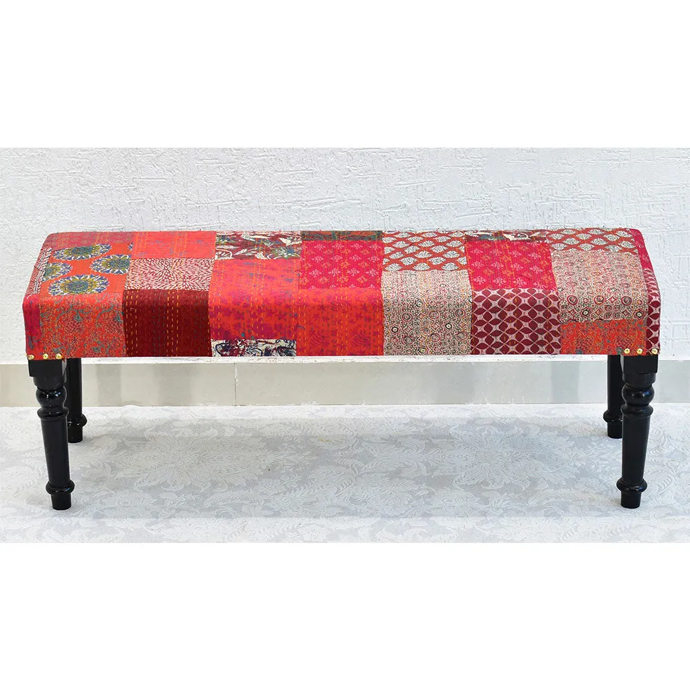 Red Kantha Gudri Patchwork Upholstery Multipurpose Bench
