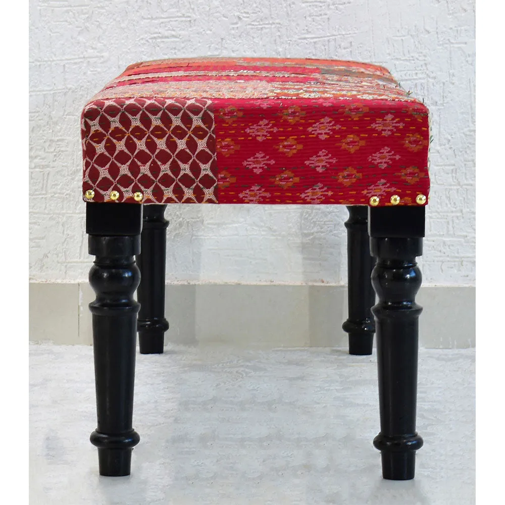 Red Kantha Gudri Patchwork Upholstery Multipurpose Bench
