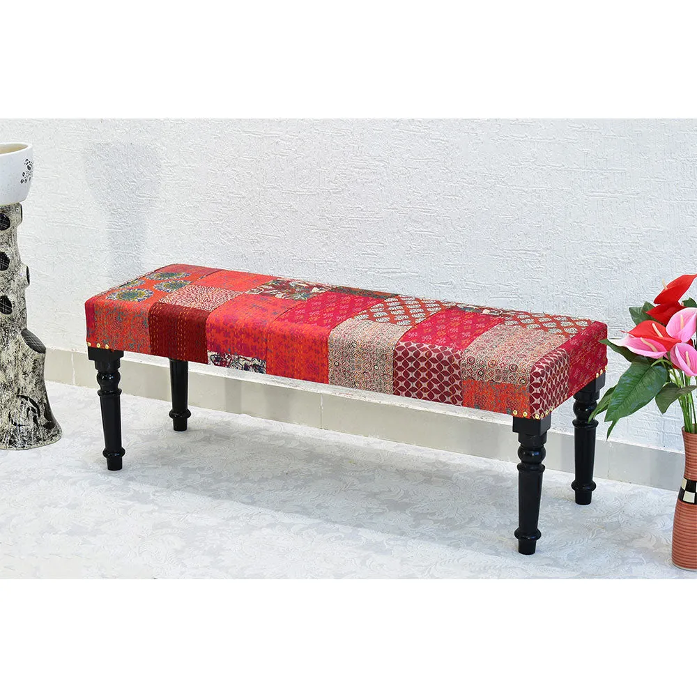 Red Kantha Gudri Patchwork Upholstery Multipurpose Bench