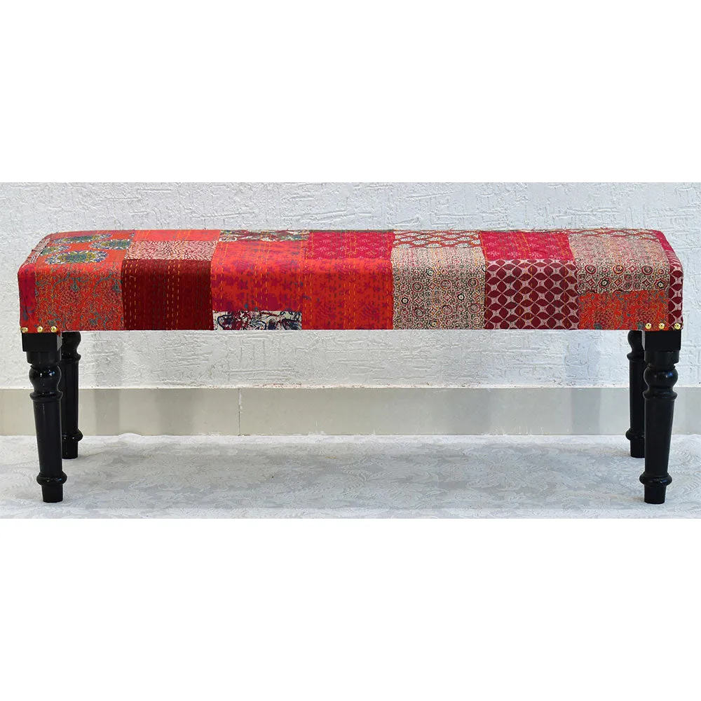 Red Kantha Gudri Patchwork Upholstery Multipurpose Bench