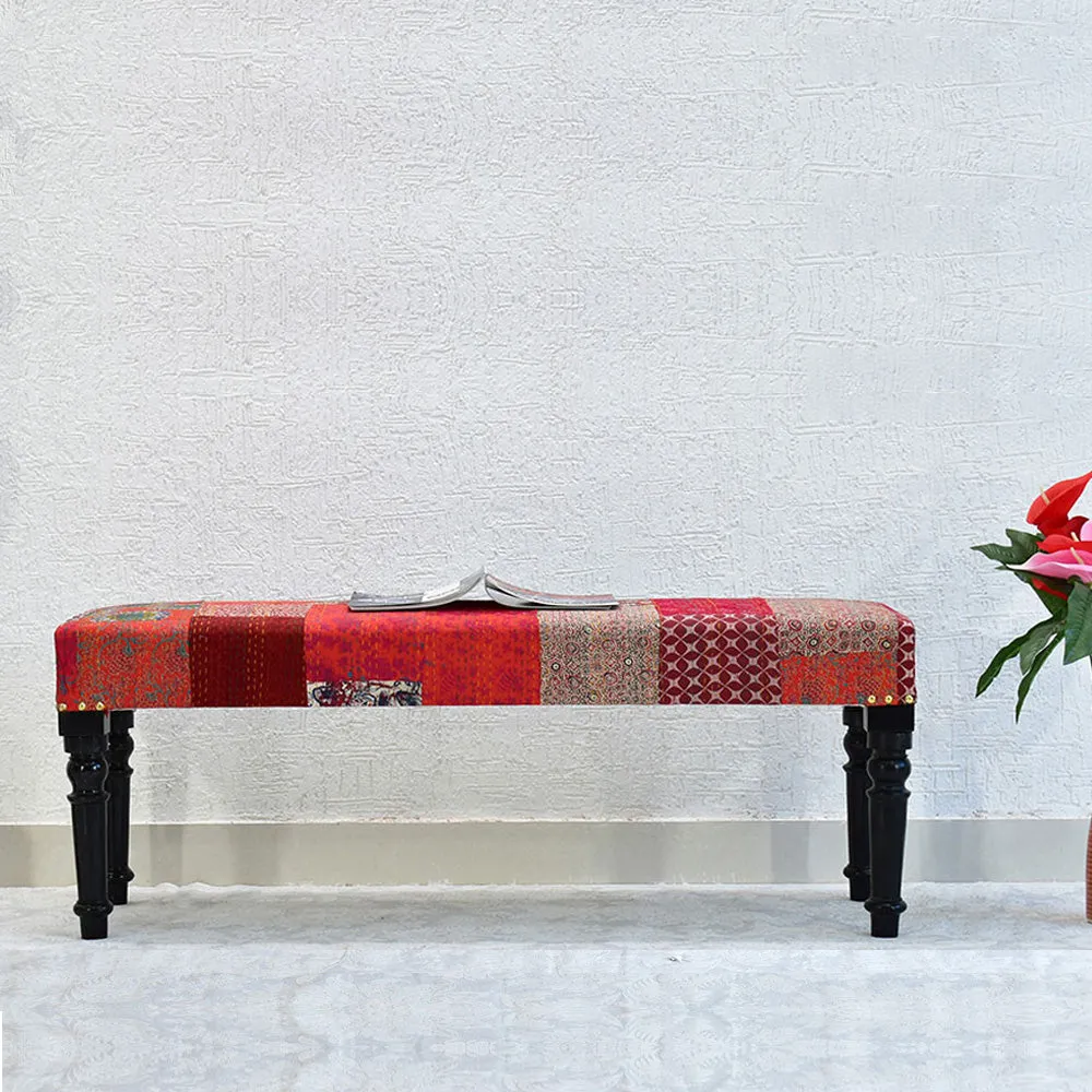 Red Kantha Gudri Patchwork Upholstery Multipurpose Bench