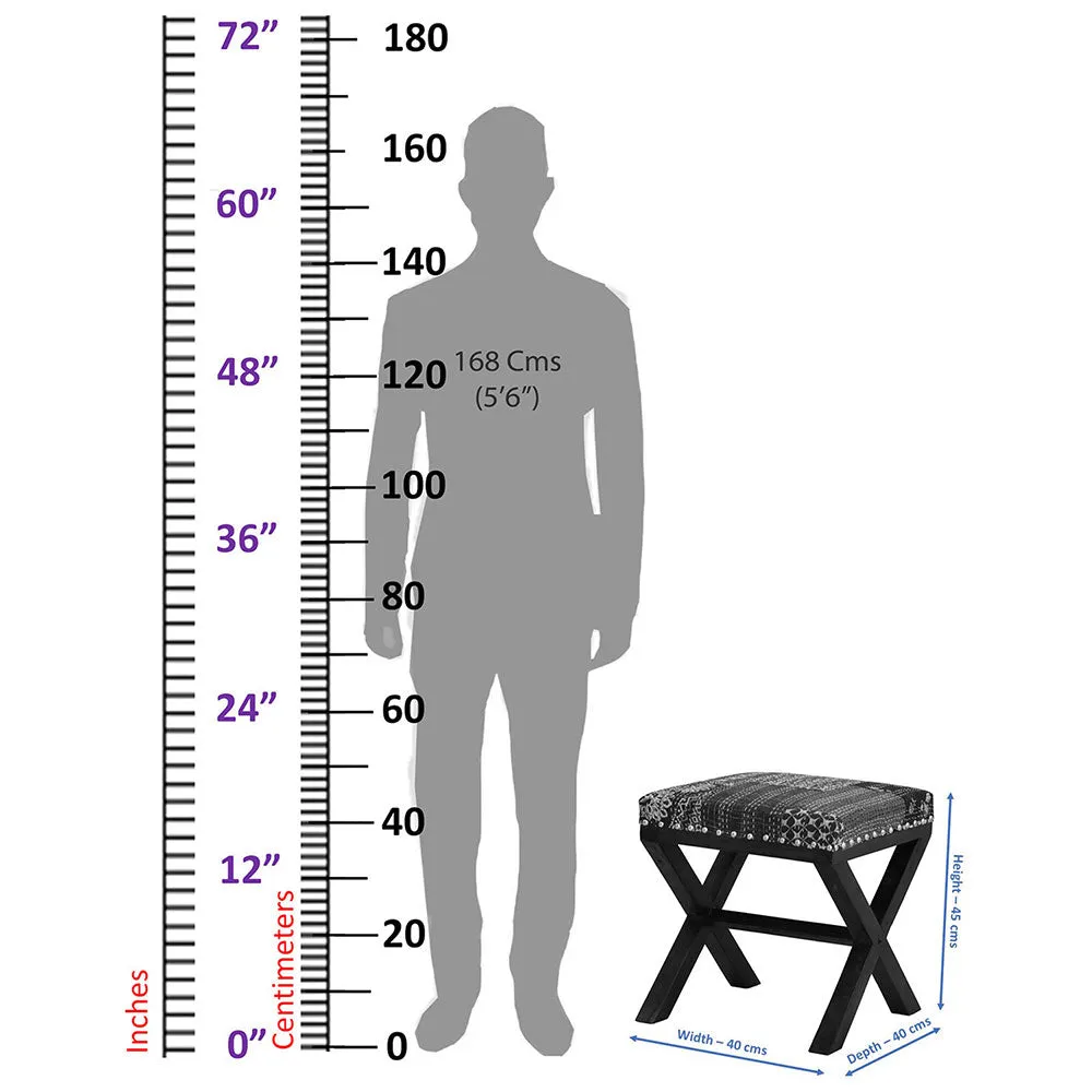 Red Kantha Gudri Patchwork X Shape Stool / Ottoman Single Piece