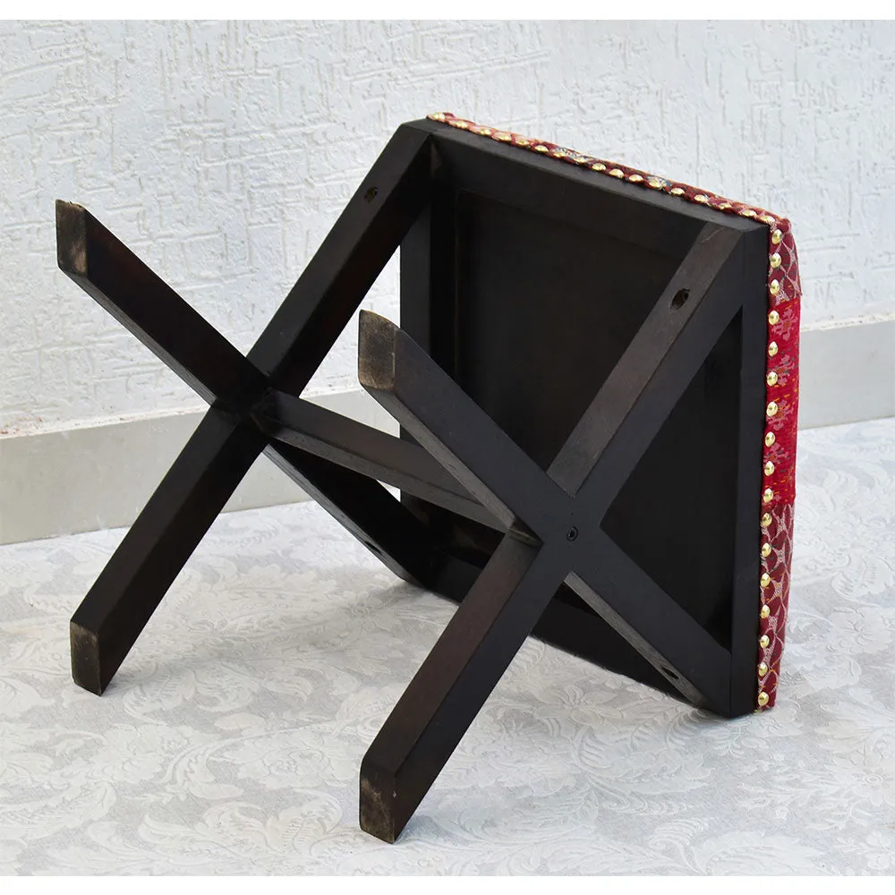 Red Kantha Gudri Patchwork X Shape Stool / Ottoman Single Piece