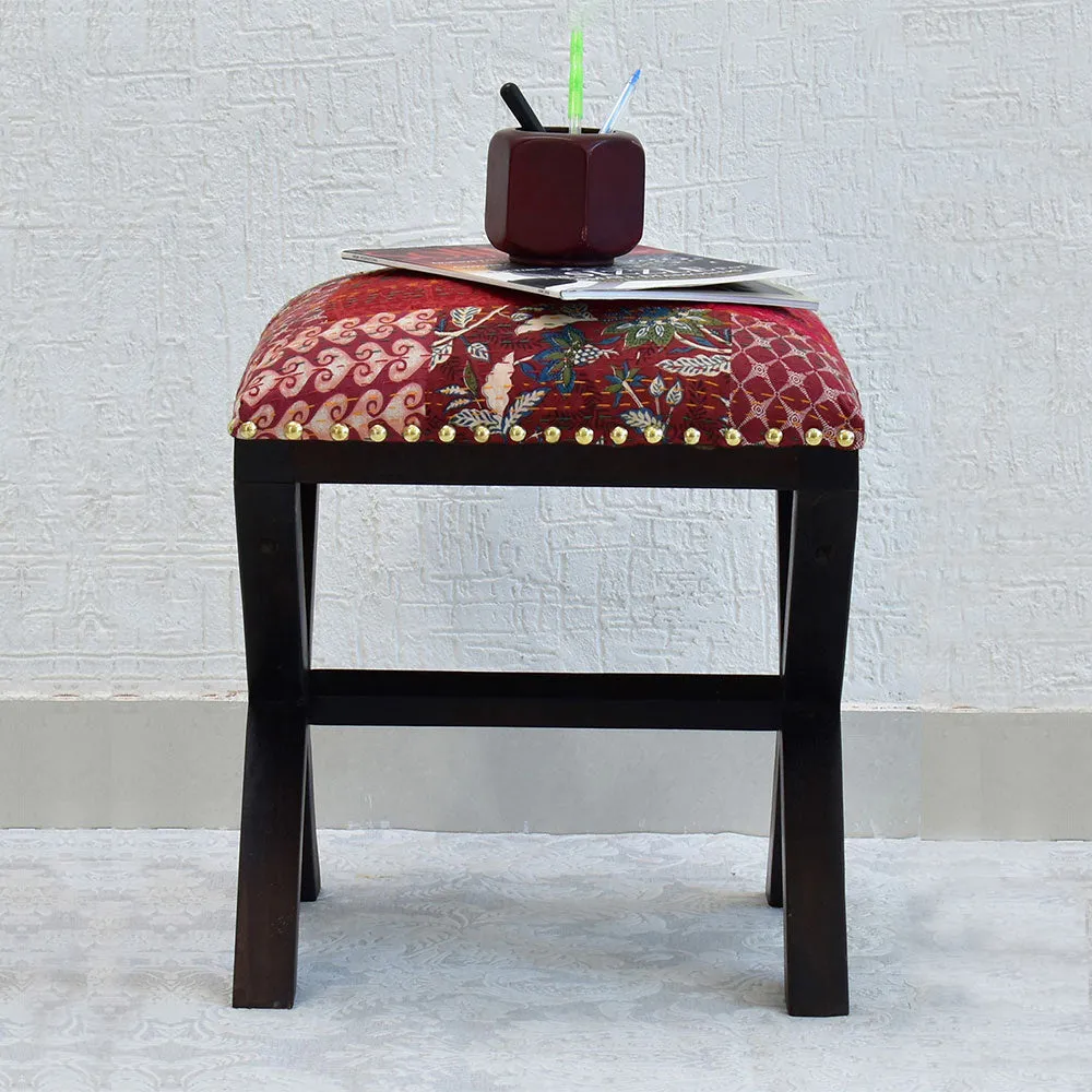 Red Kantha Gudri Patchwork X Shape Stool / Ottoman Single Piece
