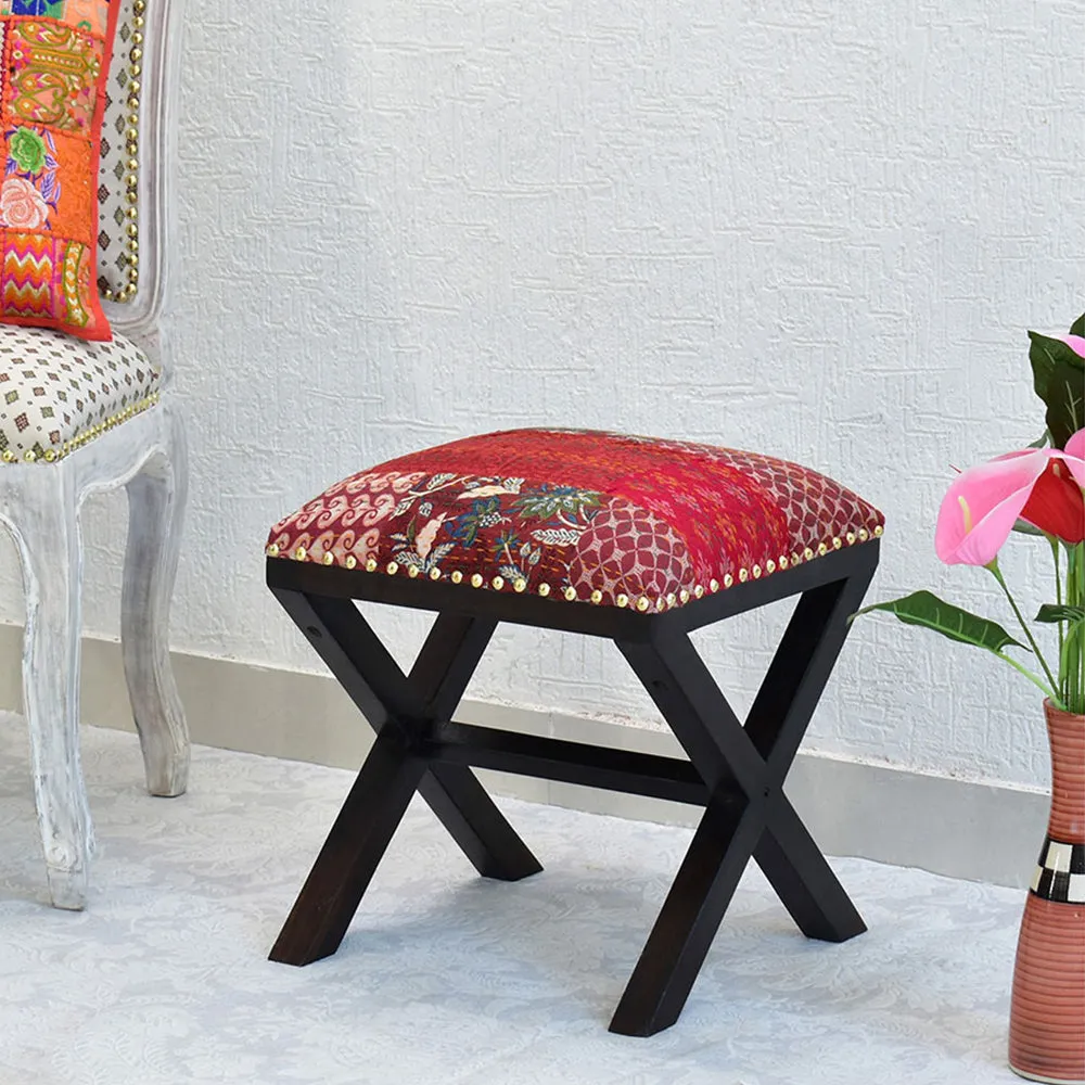 Red Kantha Gudri Patchwork X Shape Stool / Ottoman Single Piece