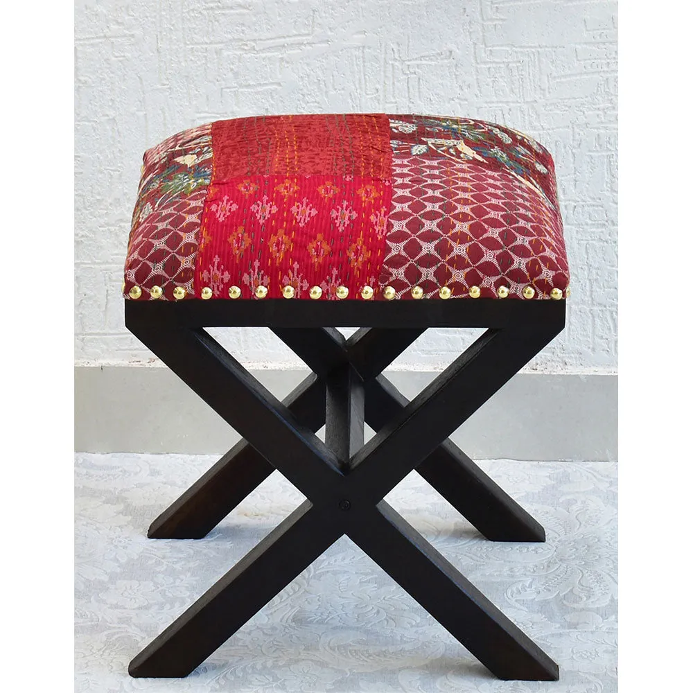 Red Kantha Gudri Patchwork X Shape Stool / Ottoman Single Piece