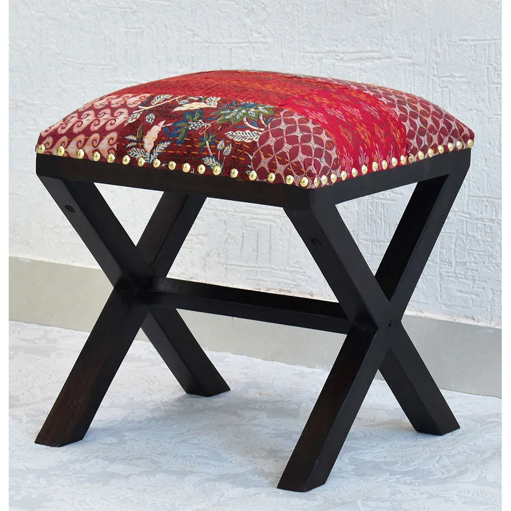 Red Kantha Gudri Patchwork X Shape Stool / Ottoman Single Piece