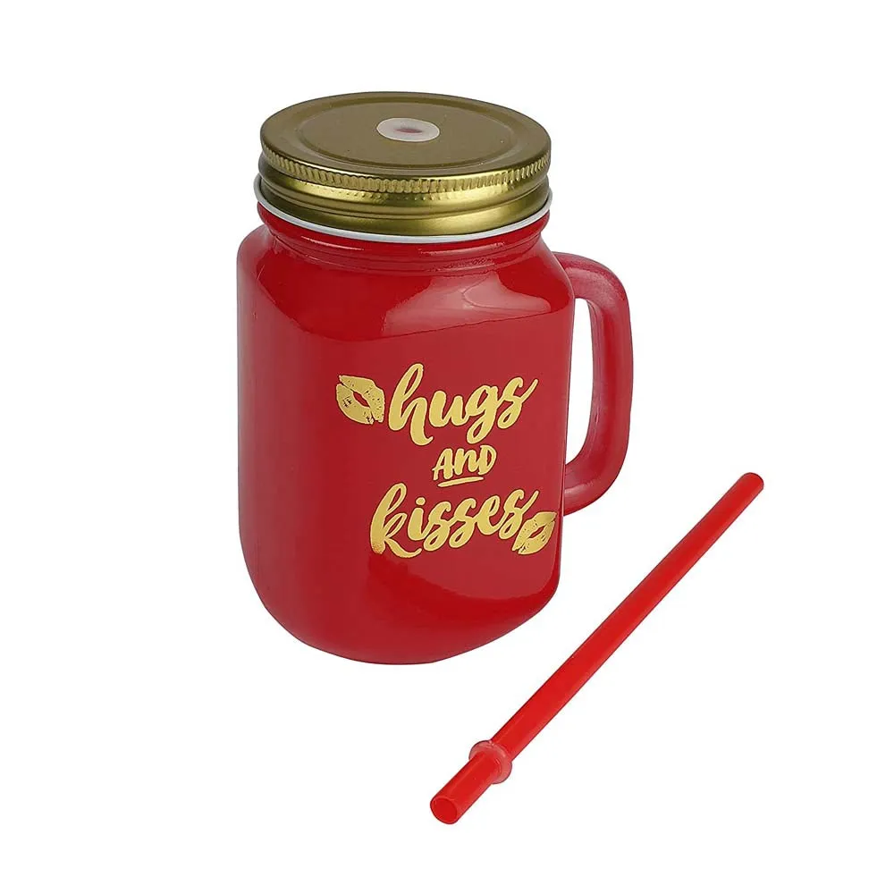 Red Mason Jar With Lid And Reusable Straw