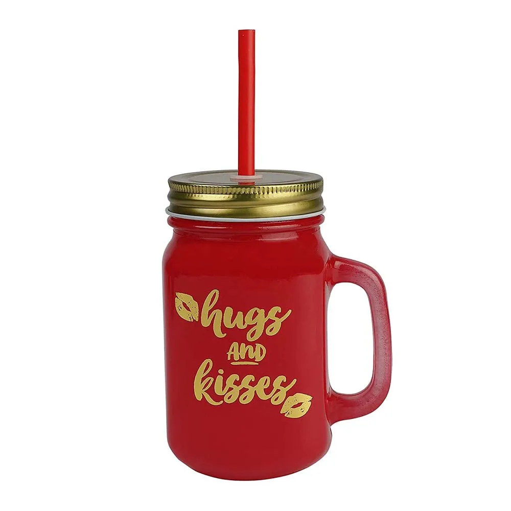 Red Mason Jar With Lid And Reusable Straw