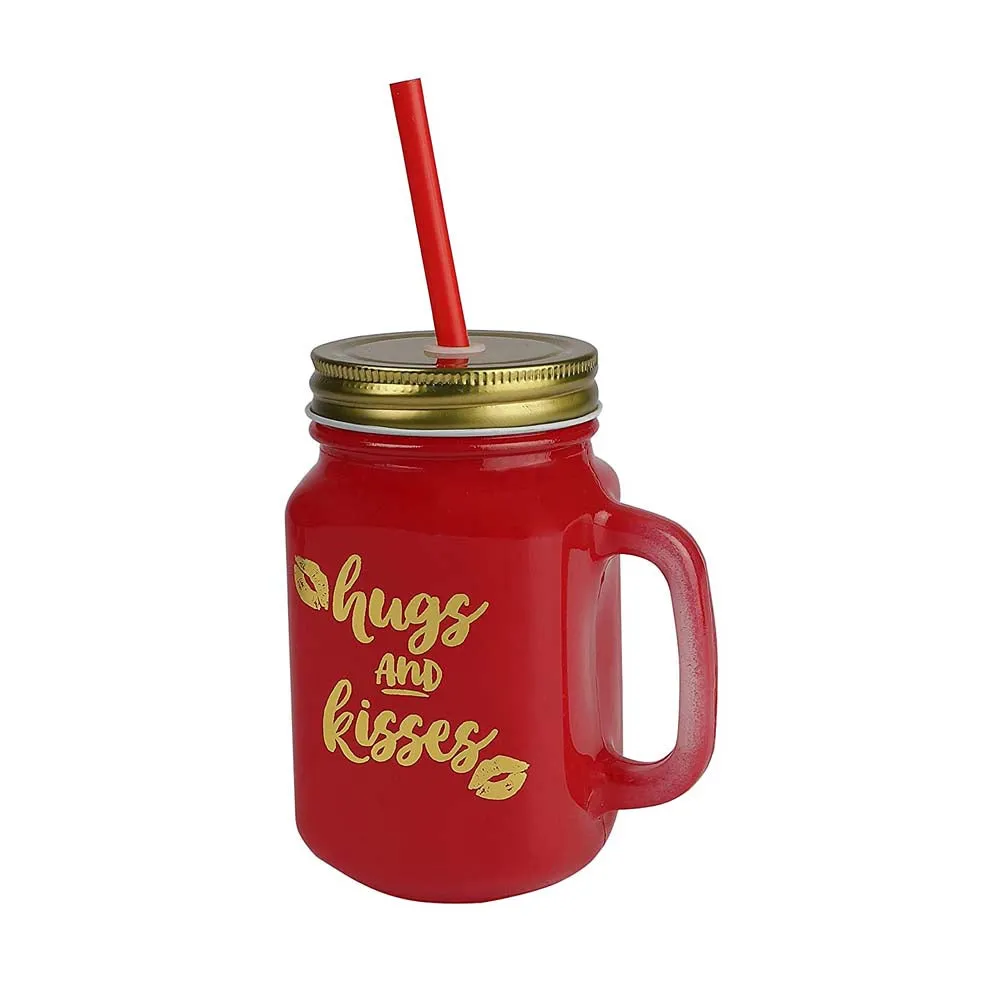 Red Mason Jar With Lid And Reusable Straw