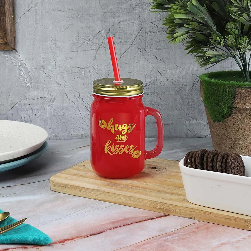 Red Mason Jar With Lid And Reusable Straw