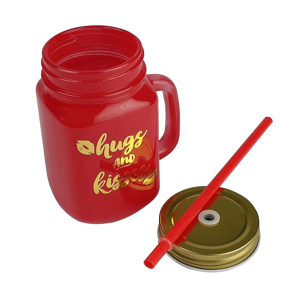 Red Mason Jar With Lid And Reusable Straw