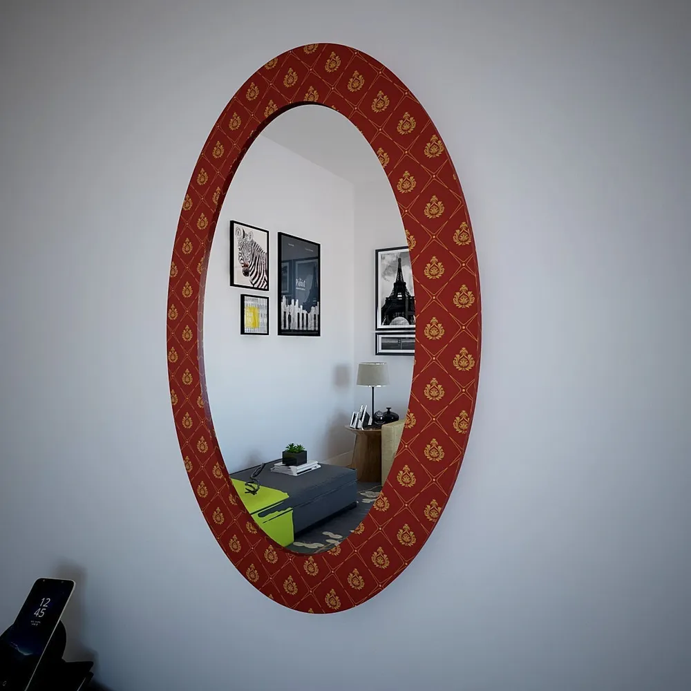 Red Motif Oval Printed Mirror