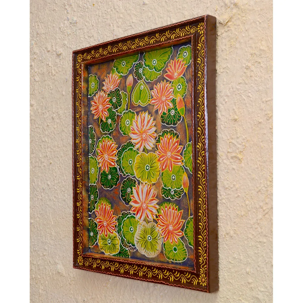 Red Natural Floral Painted Framed Wooden Wall Panel