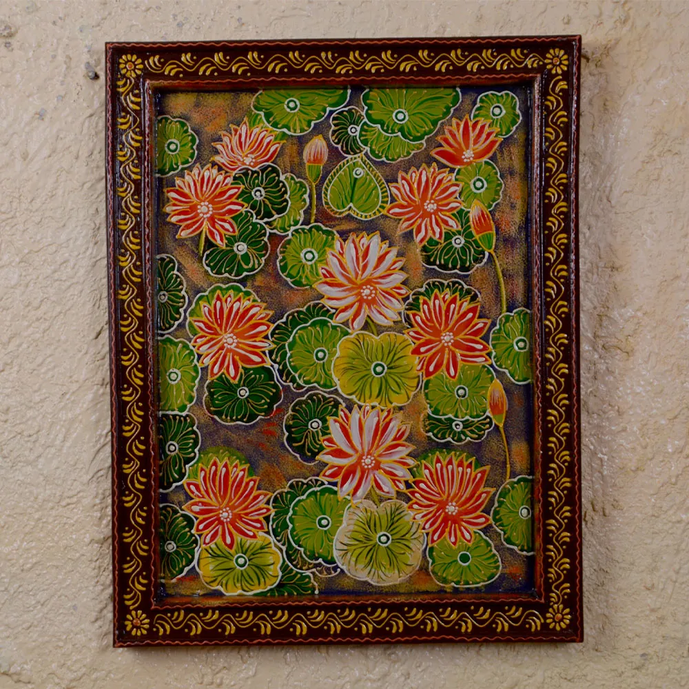 Red Natural Floral Painted Framed Wooden Wall Panel