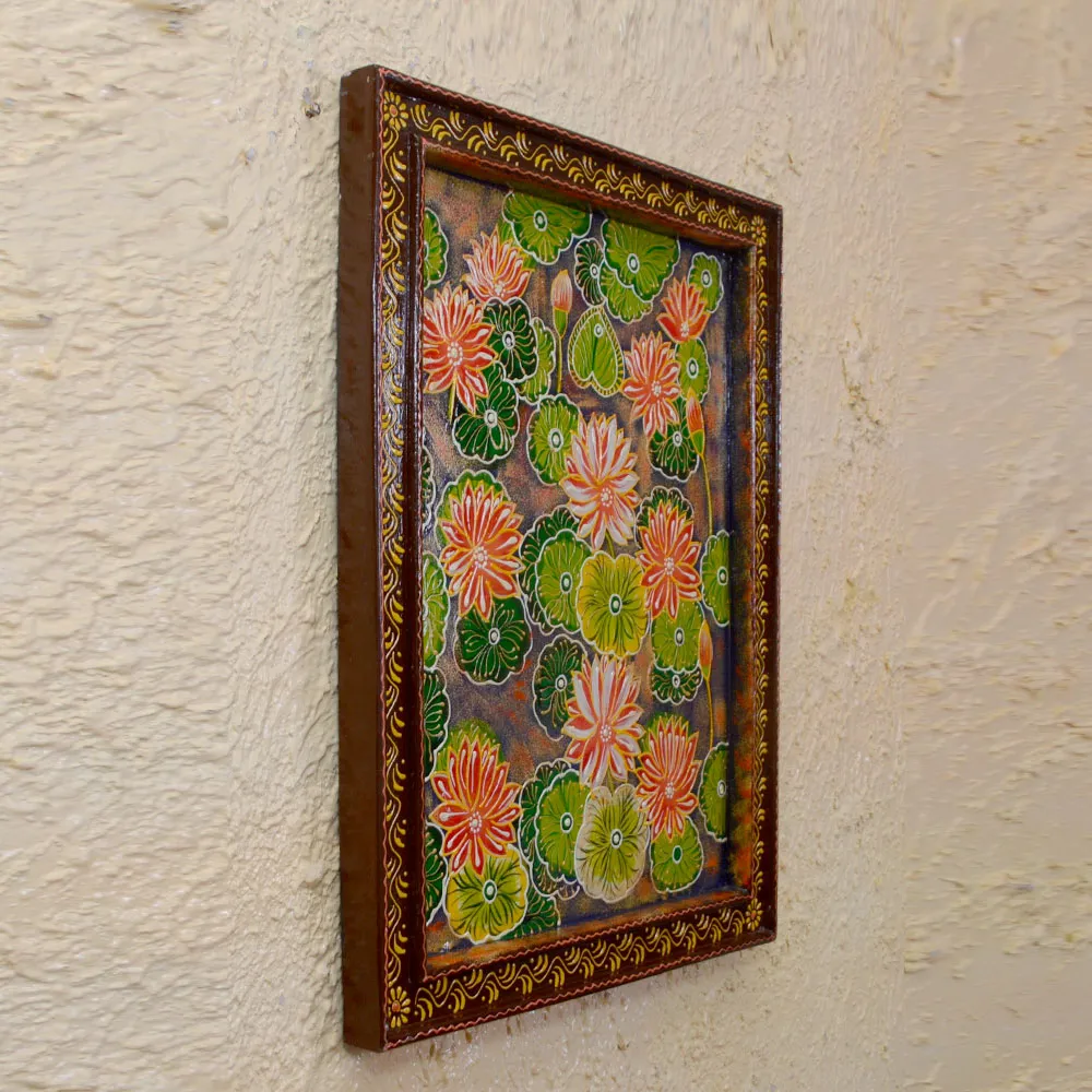 Red Natural Floral Painted Framed Wooden Wall Panel