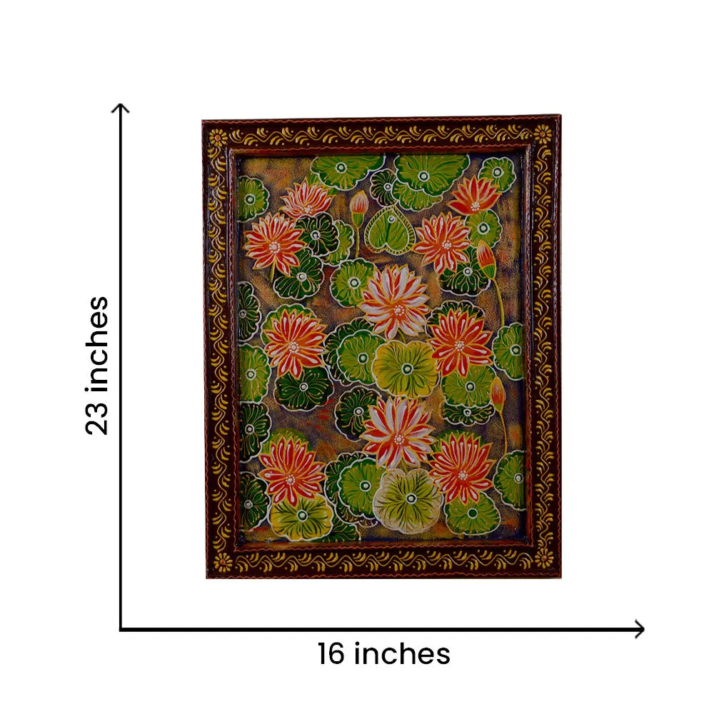 Red Natural Floral Painted Framed Wooden Wall Panel