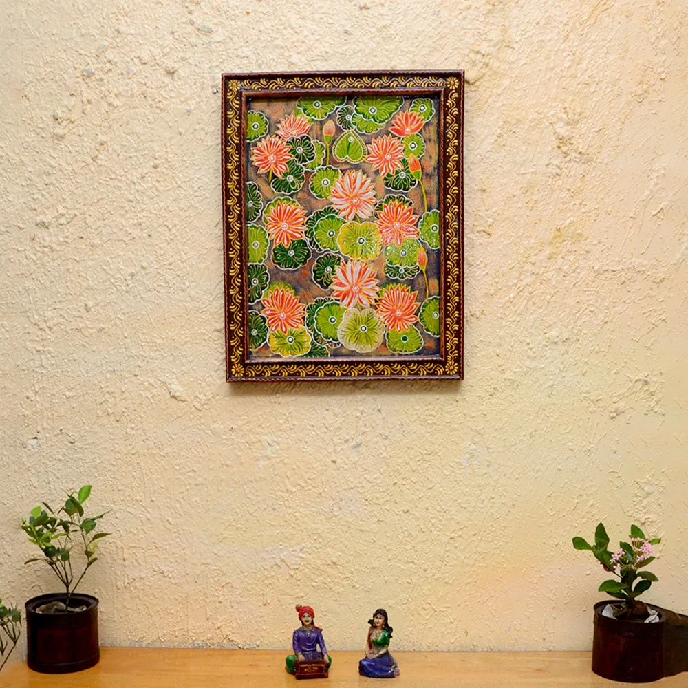 Red Natural Floral Painted Framed Wooden Wall Panel