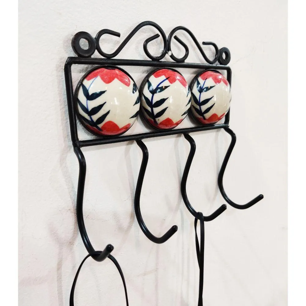 Red Painted Ceramic Wrought Iron Wall Hook - Set of 2