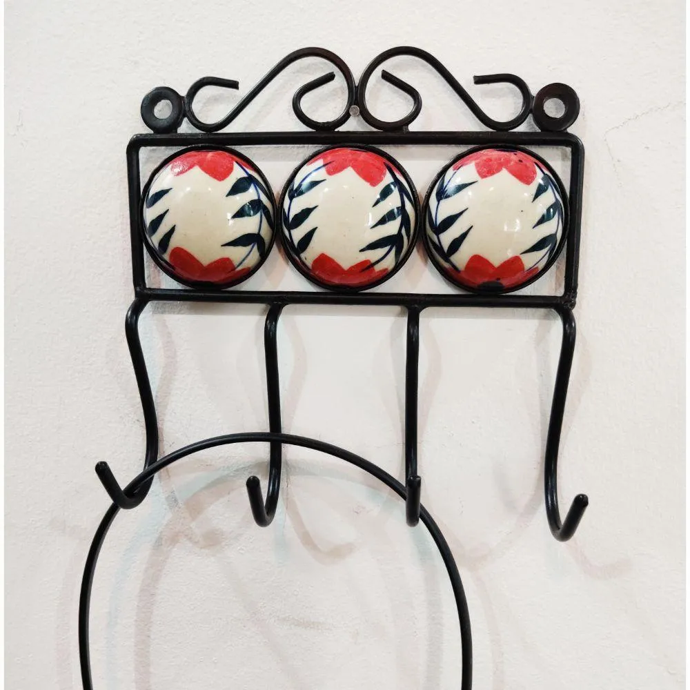 Red Painted Ceramic Wrought Iron Wall Hook - Set of 2