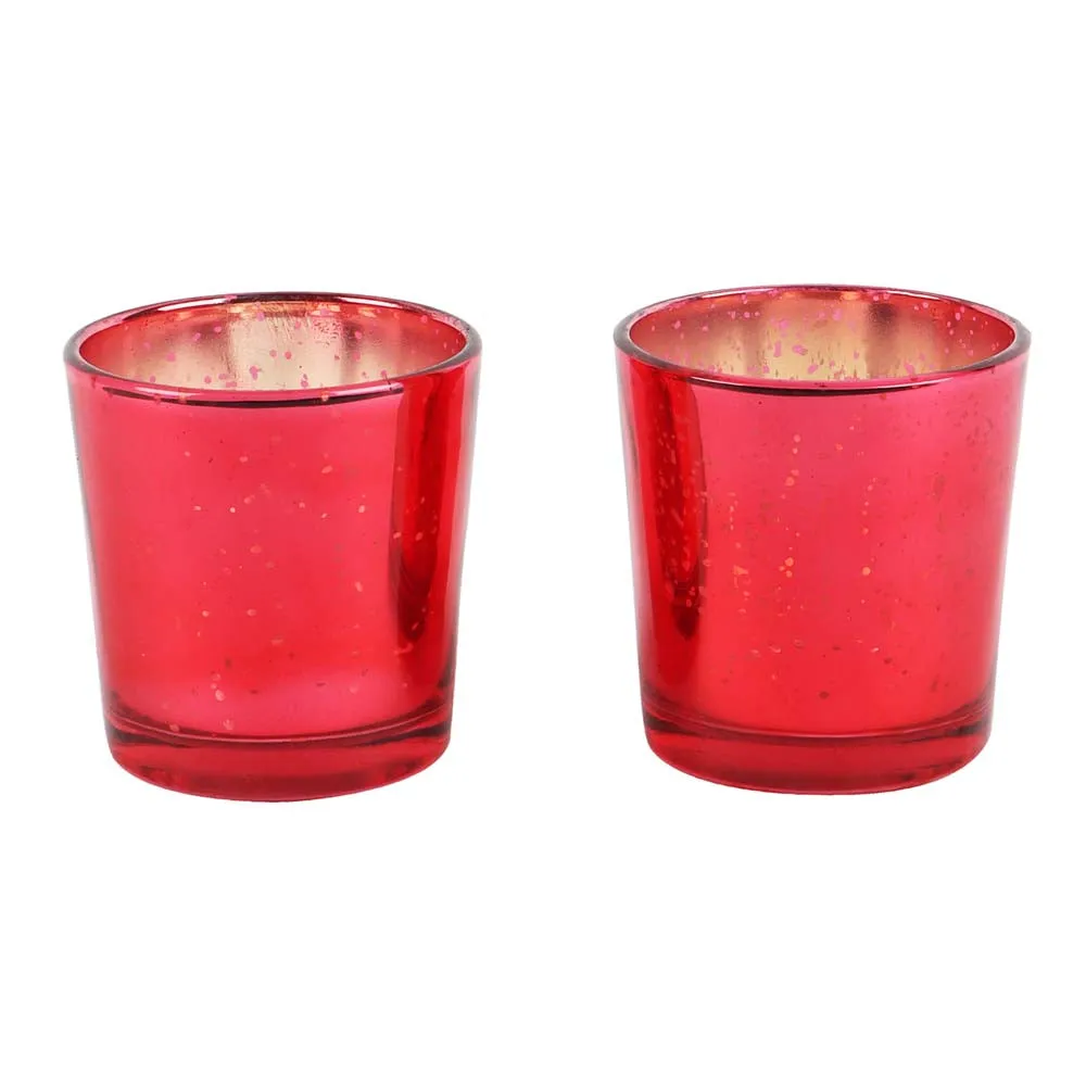 Red Scratched Glass Tea Light Candle Holders Set Of 2