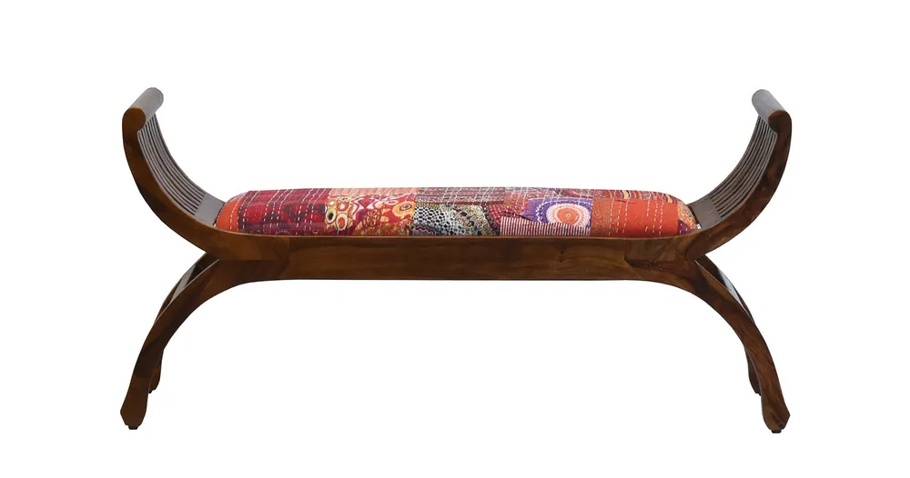 Red Traditional Kantha Gudri Patchwork Natural Brown Wooden Two Seater Sofa