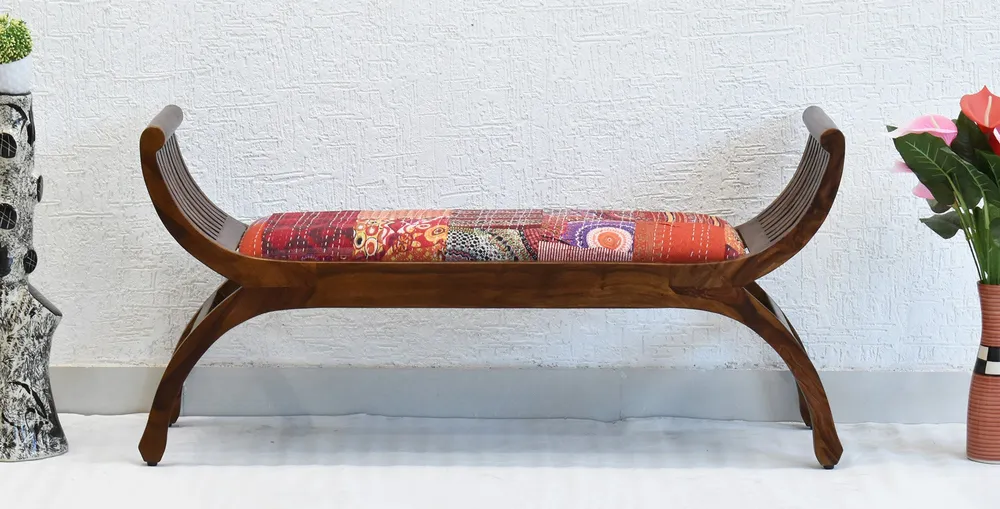 Red Traditional Kantha Gudri Patchwork Natural Brown Wooden Two Seater Sofa