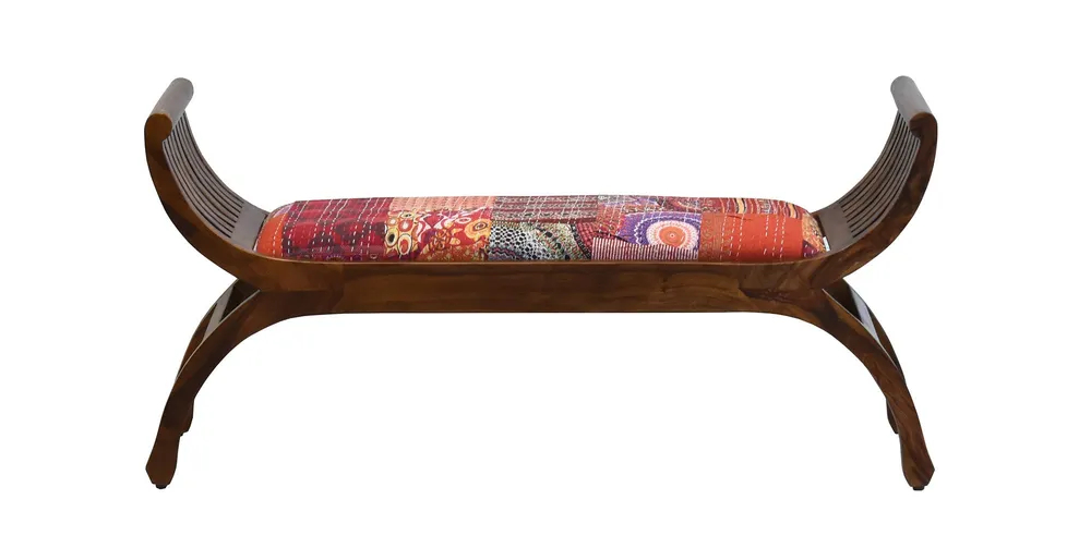 Red Traditional Kantha Gudri Patchwork Natural Brown Wooden Two Seater Sofa