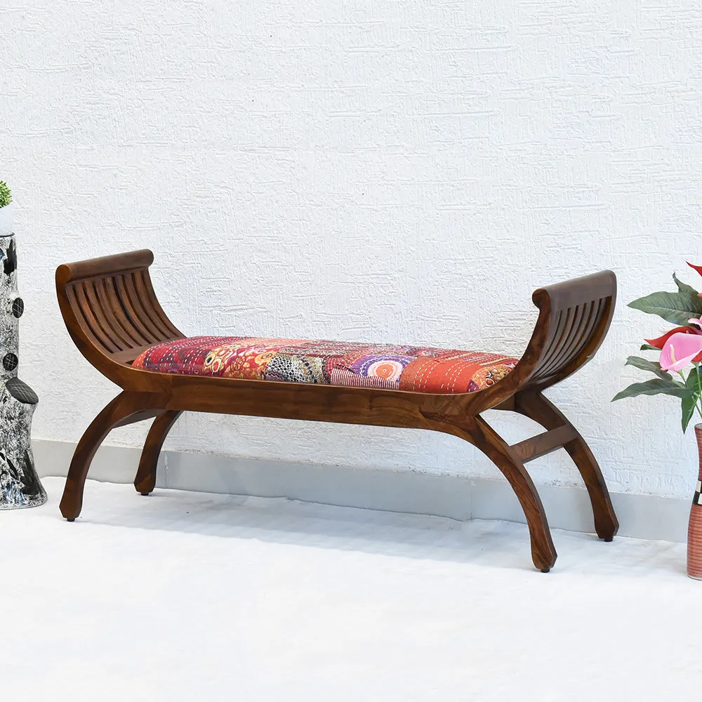 Red Traditional Kantha Gudri Patchwork Natural Brown Wooden Two Seater Sofa