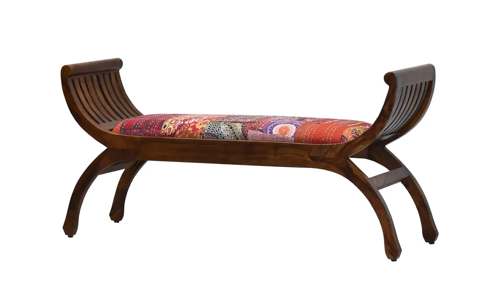 Red Traditional Kantha Gudri Patchwork Natural Brown Wooden Two Seater Sofa