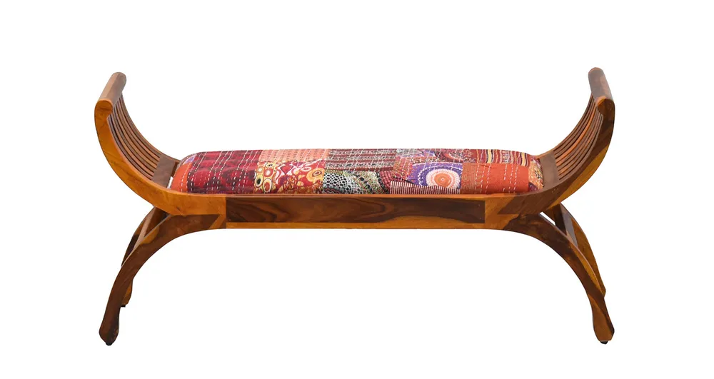 Red Traditional Kantha Gudri Patchwork Yellow Brown Wooden Two Seater Sofa