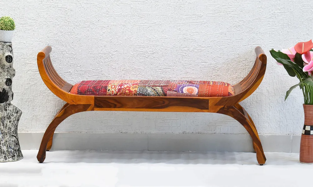 Red Traditional Kantha Gudri Patchwork Yellow Brown Wooden Two Seater Sofa